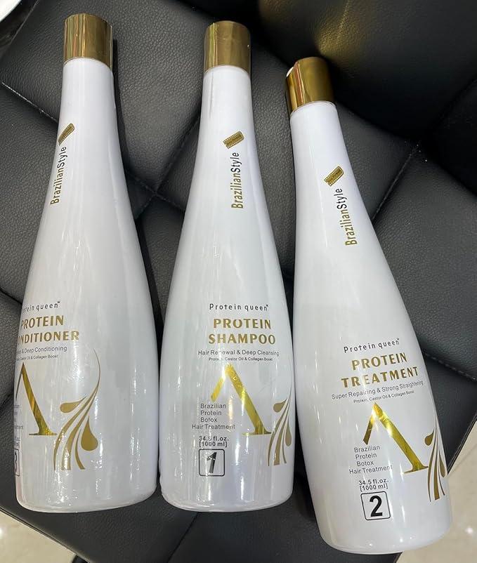 Protein queen Protein Treatment Set Brazilian Style With Castor Oil and Collagen Hair Boast. Three pieces 1000ml each White. (3 PCS Complete) - Image 2